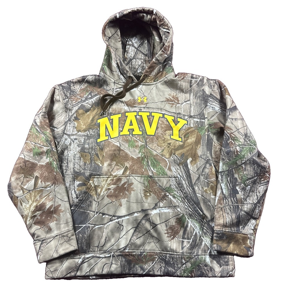 Under Armor Camo Navy Long Sleeve Hoodie Fleece Large Collegiate Hunting Cas